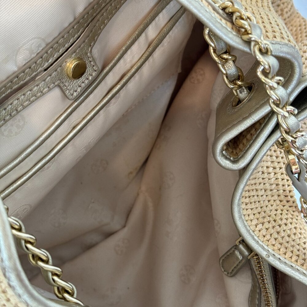Tory Burch Woven Shoulder Bag Purse Tote Gold Accents Tassels Natural - Picture 10 of 15